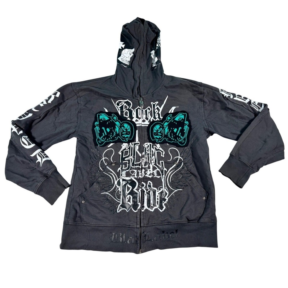 Y2K Zip Hoodie Men Large Black Gray Graphic Biker Rock Gothic Streetwear
